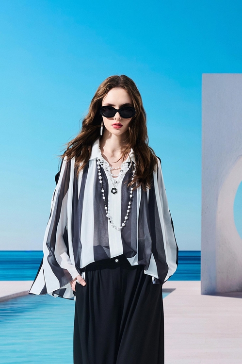 Black White Stripe Chiffon Cape Blouse,Under shirts