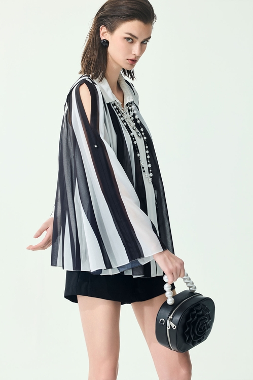 Black White Stripe Chiffon Cape Blouse,Under shirts
