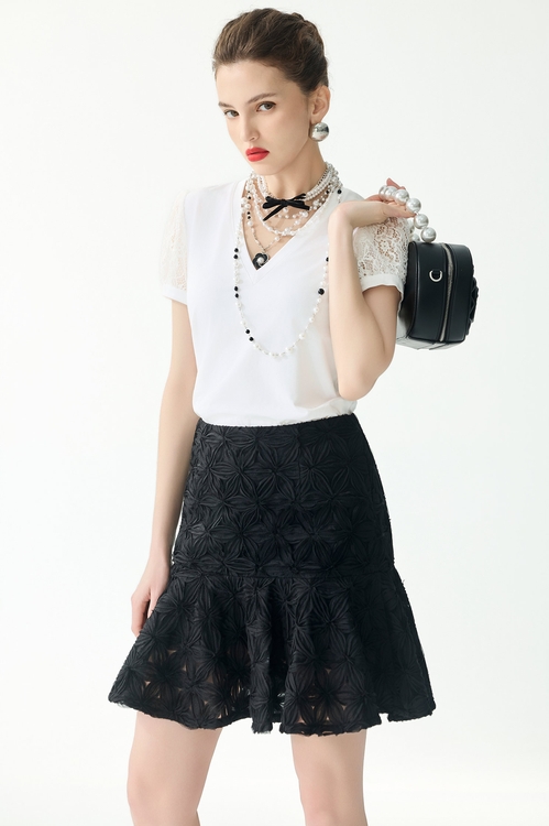 Lace Sleeve V-neck Tee,White tops,White tops