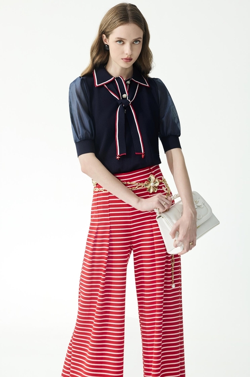 Contrast Red Trim Navy Knit Top,White tops,White tops