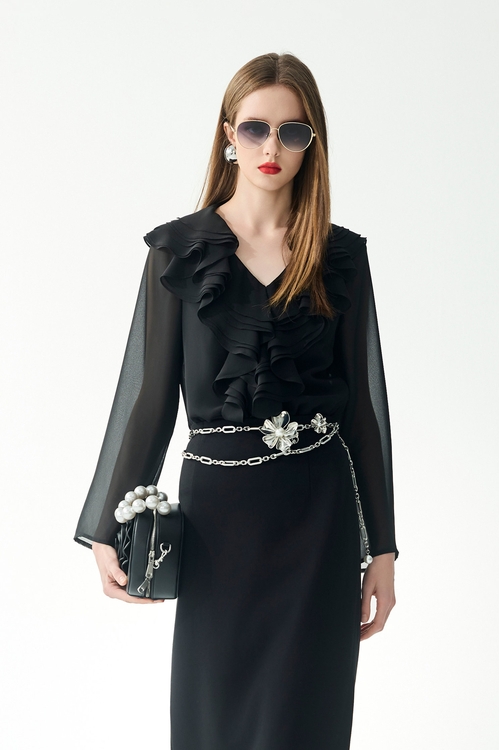 Layered Ruffle Long Sleeve Chiffon Top,Under shirts