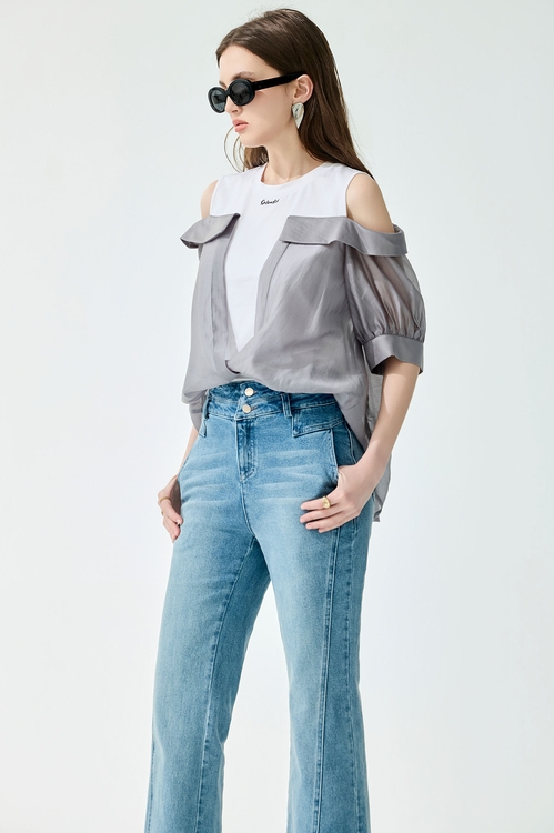 Cold Shoulder Fake Two Piece Top,White tops,White tops