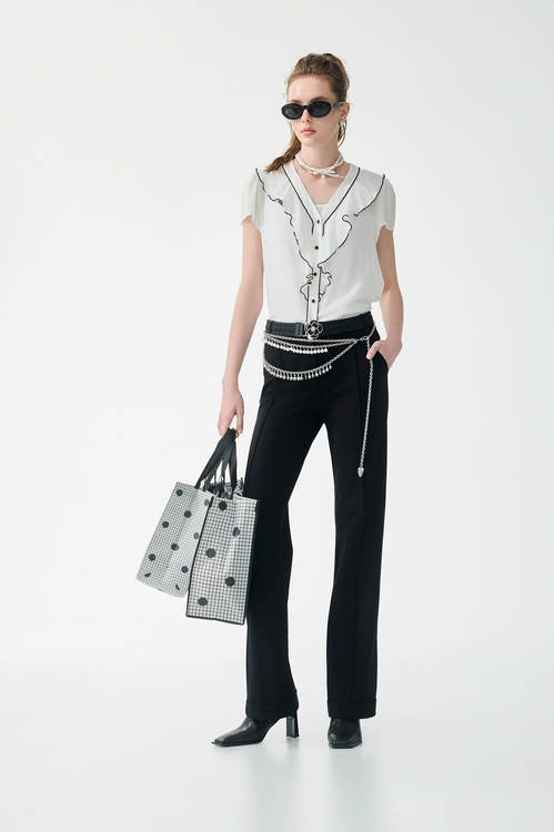 Black Trim Ruffle Detail Top,Office Looks