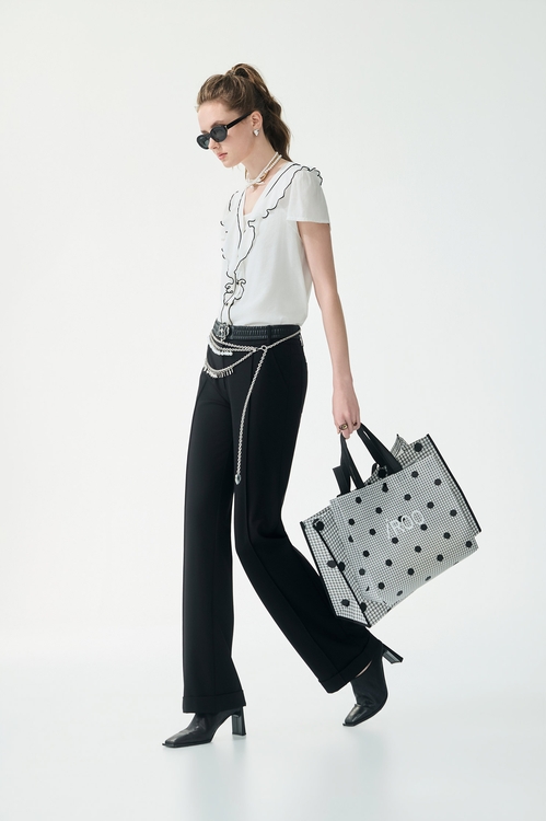 Black Trim Ruffle Detail Top,Office Looks