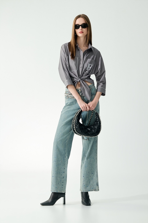 Front Knot Patch Pocket Grey Blouse,Blouses