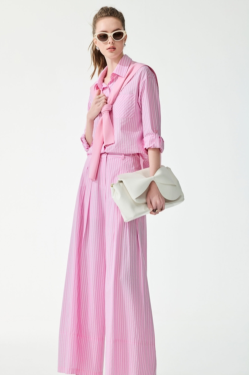 White Pinstripe Pink Blouse With Shawl,,,Tops,Season (SS) Look,Stripe,Blouses