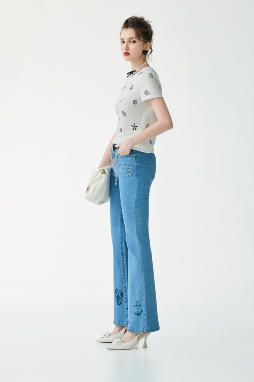 Marine Motifs Embroidery Short Sleeve Tee,White tops,White tops