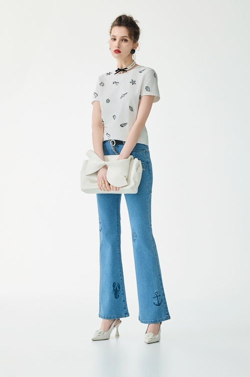 Marine Motifs Embroidery Short Sleeve Tee,White tops,White tops