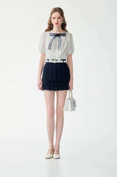 Contrast Bow Short Sleeve Top,White tops,White tops