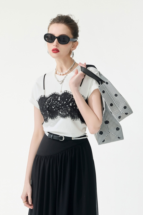 Contrast Lace Detail Fake Two Piece Tee,,Contrast Lace Detail Fake Two Piece Tee,Season (SS) Look,pearl,Jackets,Outerwear,Season (SS) Look,White outerwear,Tops,Season (SS) Look,pearl,White tops,Lace