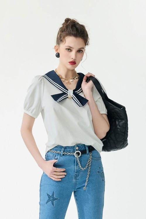 Contrast Navy Collar Short Sleeve Top,White tops,White tops