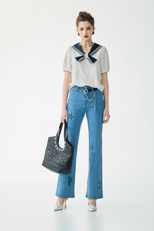 Contrast Navy Collar Short Sleeve Top,White tops,White tops