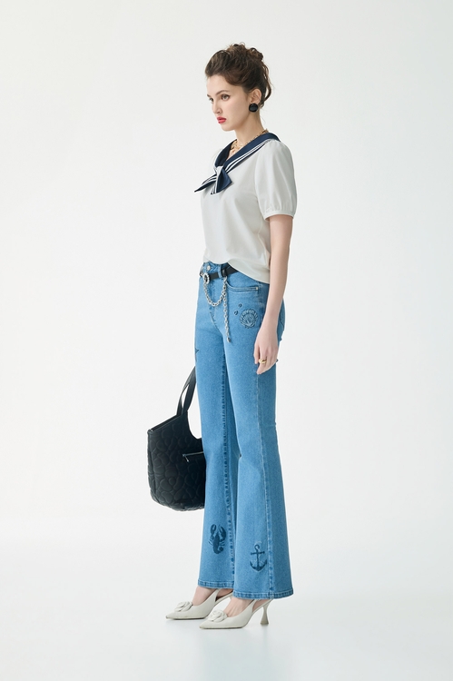 Contrast Navy Collar Short Sleeve Top,White tops,White tops