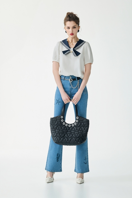 Contrast Navy Collar Short Sleeve Top,White tops,White tops