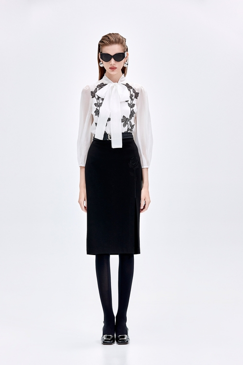 Contrast Floral Lace Bow Collar Blouse,Lace