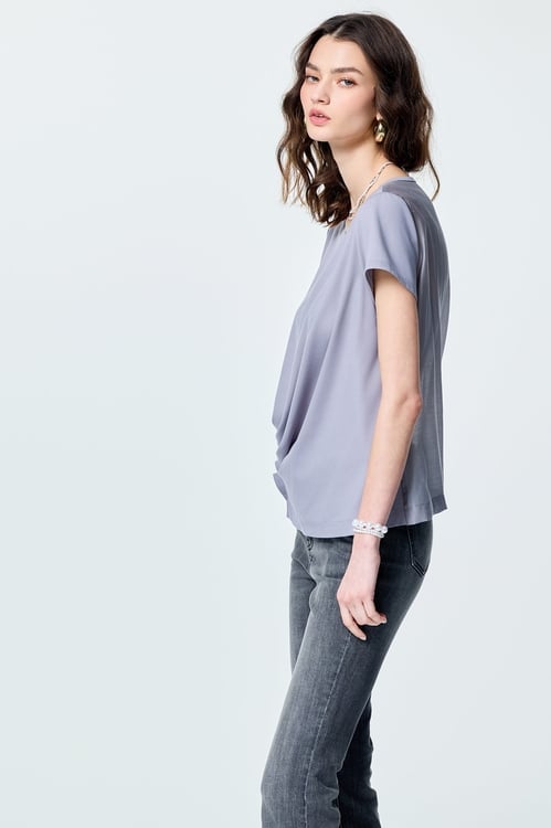 Gathered Pleated Detail Grey Top,Blouses