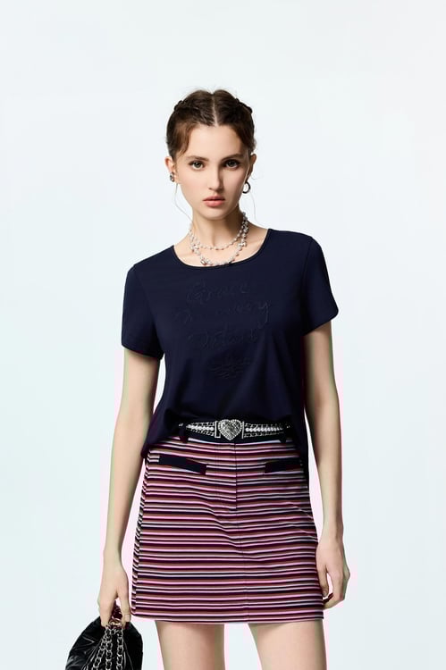 Back Hollow Out Navy Tee,Urban Fashion