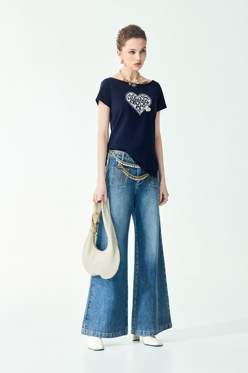 Heart Motif Navy Tee,Embroidered,Embroidered