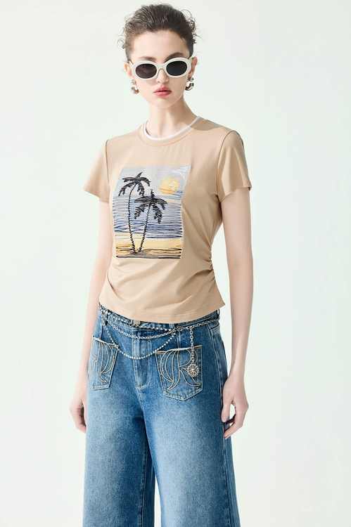 Front Graphic Khaki Tee,Embroidered,Embroidered