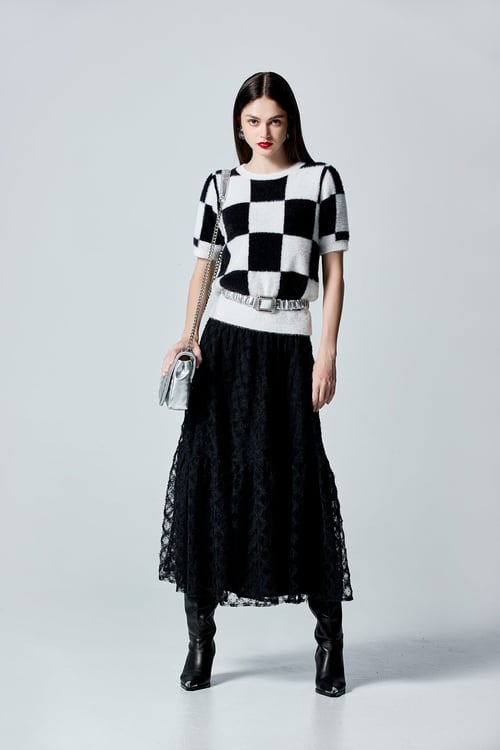Black White Checkered Fuzzy Top,Season (AW) Look