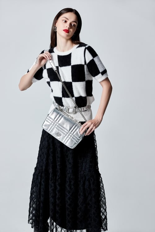 Black White Checkered Fuzzy Top,Season (AW) Look