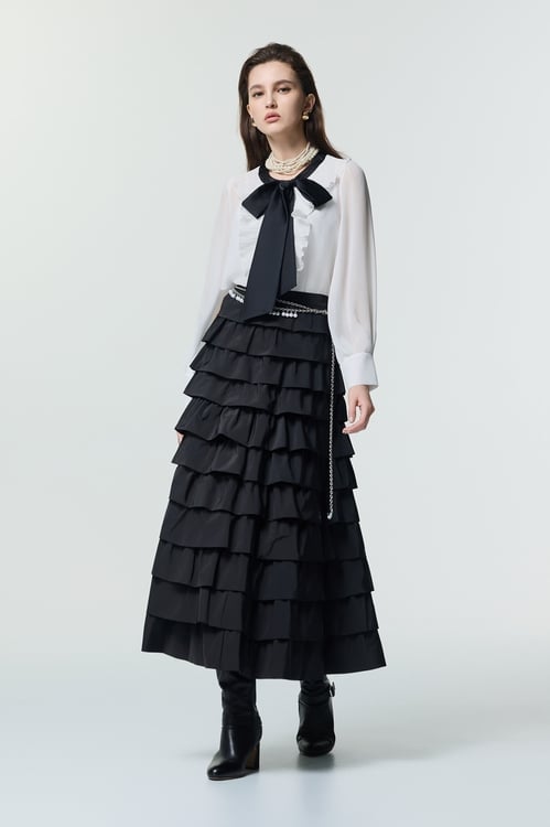 Pleated Ruffle Detail Blouse With Contrast Bow Detail,Chiffon