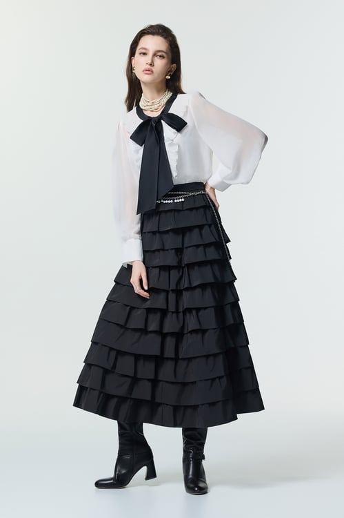 Pleated Ruffle Detail Blouse With Contrast Bow Detail,Chiffon
