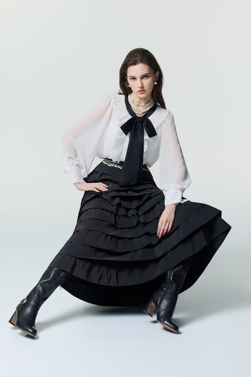 Pleated Ruffle Detail Blouse With Contrast Bow Detail,Chiffon