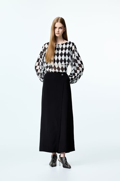 Black White Diamond Print Chiffon Cape Blouse,Chiffon