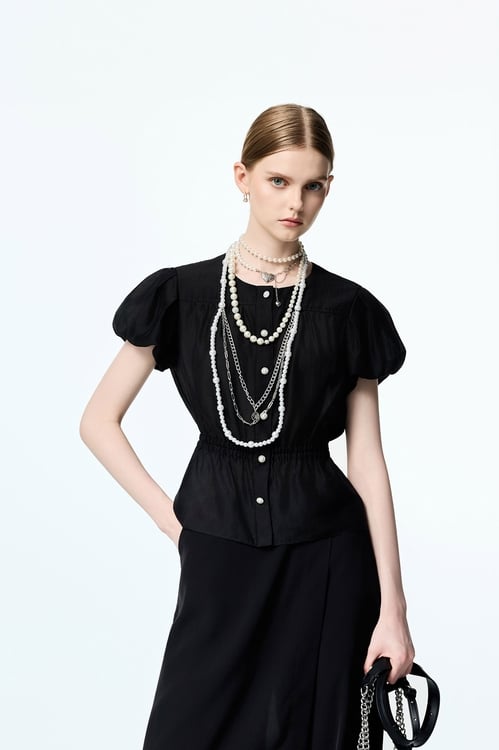 Button Front Puff Sleeve Top,Black tops,black tops