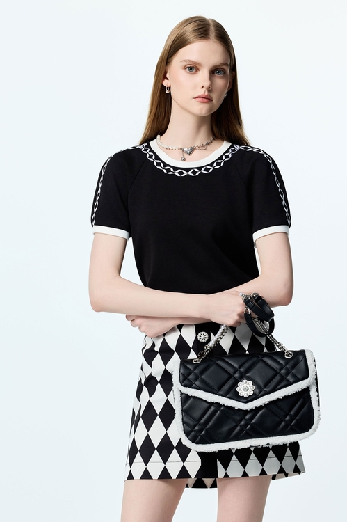 Contrast Trim Black Short Sleeve Tee,Black tops,black tops