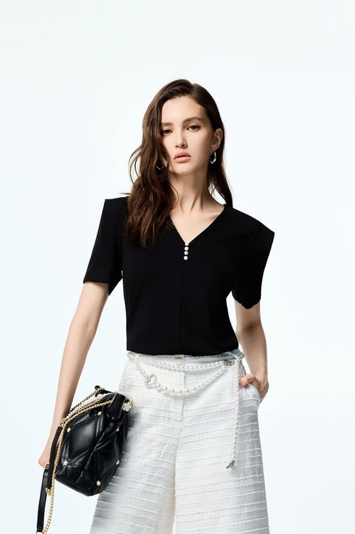 V-neck Pearl Detail Black Top,Black tops,black tops