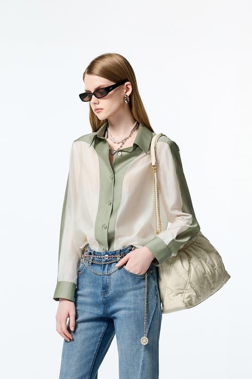 Colour Block Button Front Blouse,Blouses