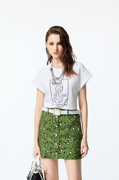 Embroidered Leopard Graphic White Tee,T-shirts