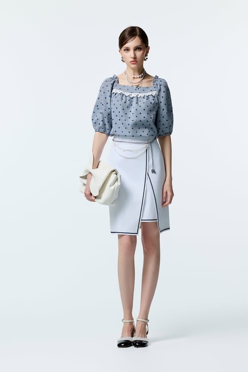 Dotted Embroidery Detail Plaid Top,Lace