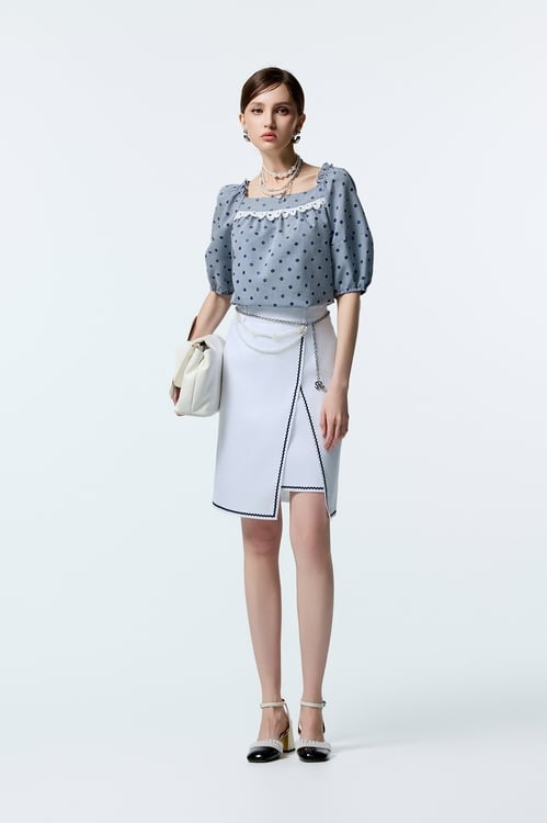 Dotted Embroidery Detail Plaid Top,Lace