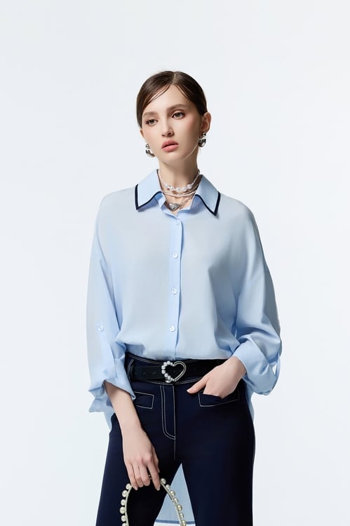 Light Blue Loose Fit Blouse With Contrast Navy Trim Detail,Blouses