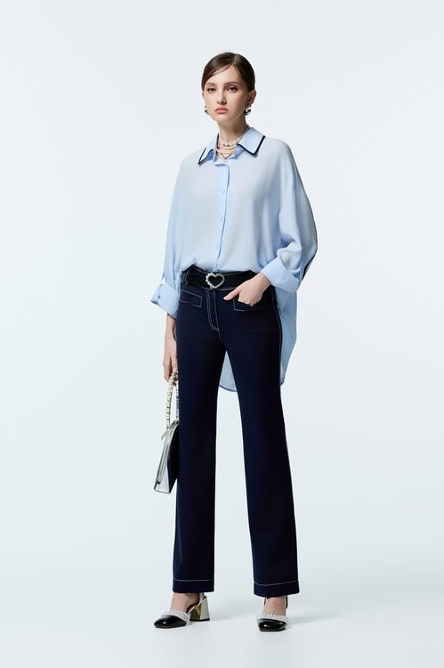 Light Blue Loose Fit Blouse With Contrast Navy Trim Detail,Blouses