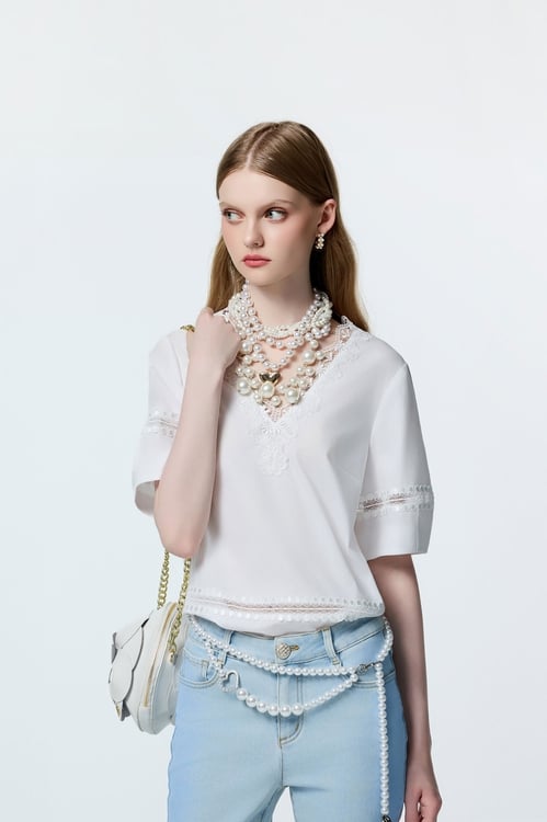 V-neck Lace Detail White Top,Lace