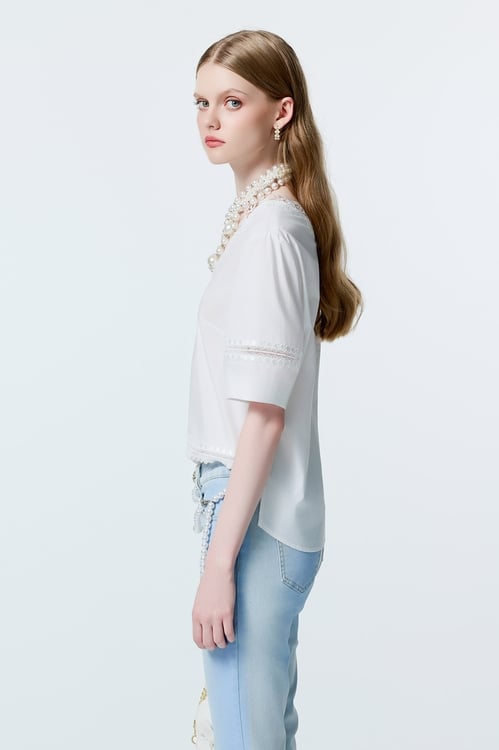V-neck Lace Detail White Top,Lace