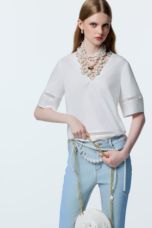V-neck Lace Detail White Top,Lace