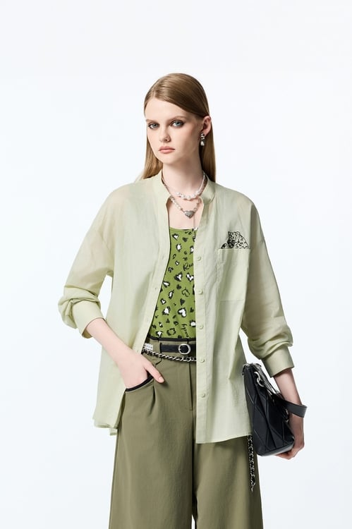 Embroidered Leopard Graphic Green Blouse,Blouses