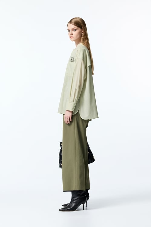 Embroidered Leopard Graphic Green Blouse,Blouses