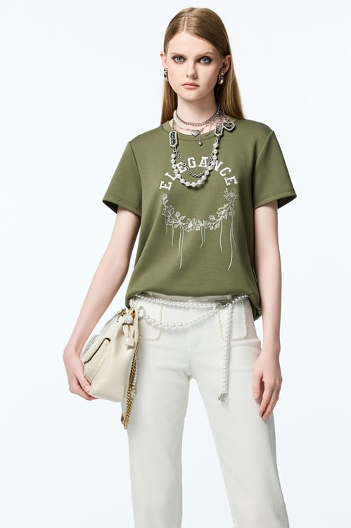 Embroidered Logo Moss Green Tee,T-shirts