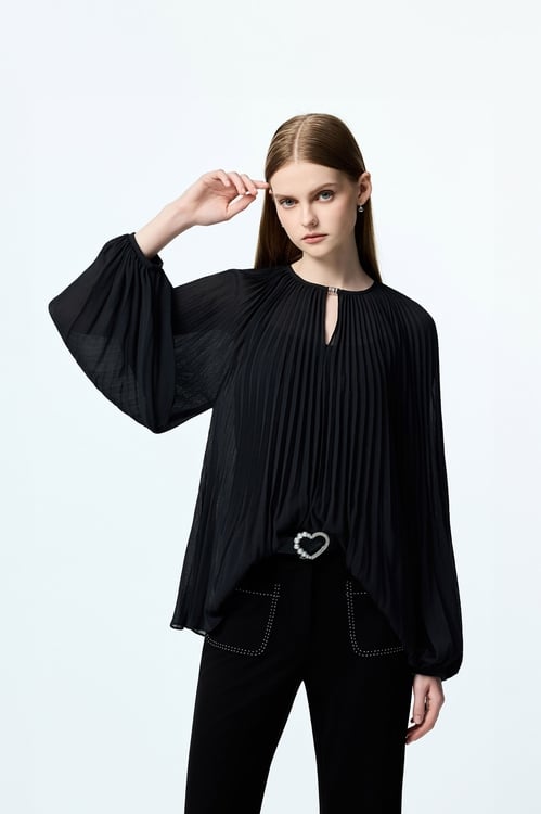 Black Pleated Detail Chiffon Blouse,Blouses