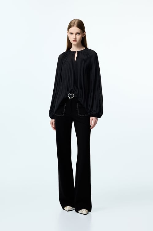 Black Pleated Detail Chiffon Blouse,Blouses