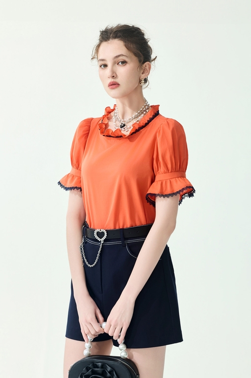 Ruffle Neckline Detail Orange Top,,,sleeveless tops,Tops,Season (SS) Look,sleeveless tops,bows,Knitted,Knitted tops,Jackets,Outerwear,Season (SS) Look,White outerwear,bows,Culottes,Season (SS) Look,White pants,bows,pants,sleeveless tops,Tops,Season (SS) Look,sleeveless tops,Lace