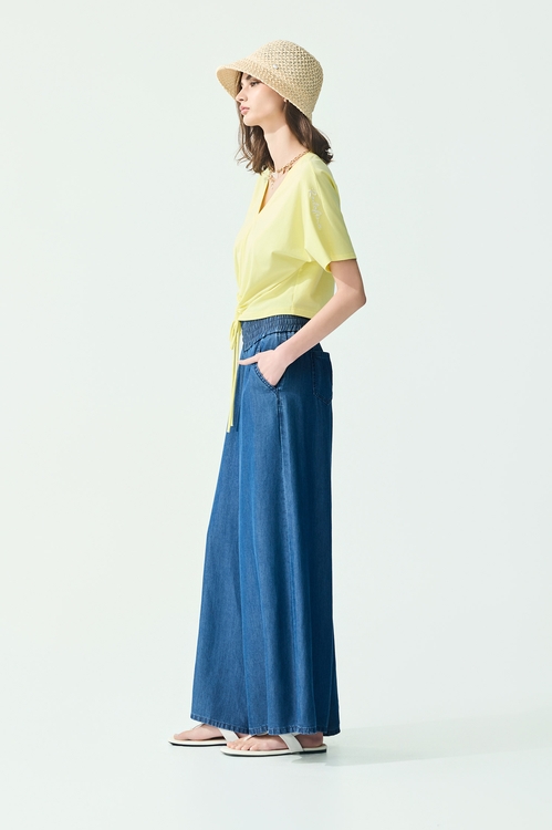 Front Knot Yellow V-neck Top,,Front Knot Yellow V-neck Top,Tops,Embroidered,Season (SS) Look,pearl,Tops,Season (SS) Look