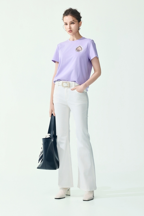 Heart Motif Short Sleeve Tee With Pearl Detail,,Heart Motif Short Sleeve Tee With Pearl Detail,Tops,Embroidered,Season (SS) Look,pearl