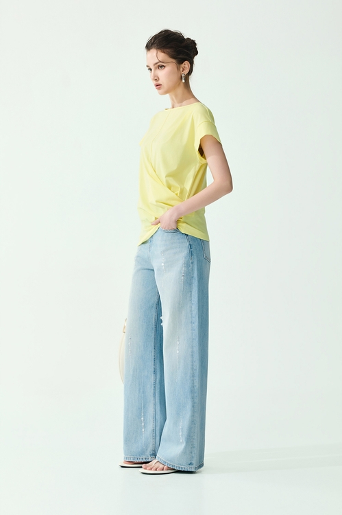 Embroidery Slogan Side Gathered Detail Tee,Season (SS) Look